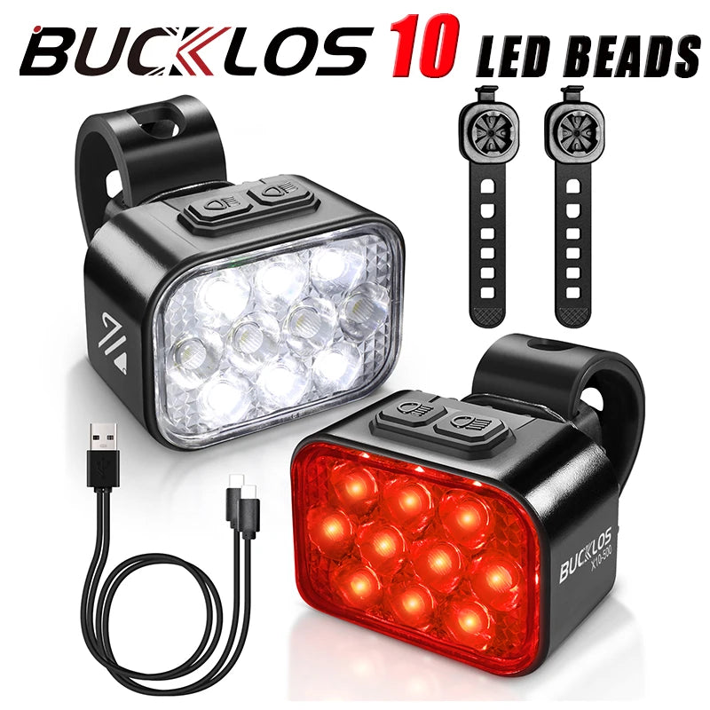 Kit Éclairage Vélo BUCKLOS LED COB — Phare 1100mAh & Féu Arrière 350mAh IPX6