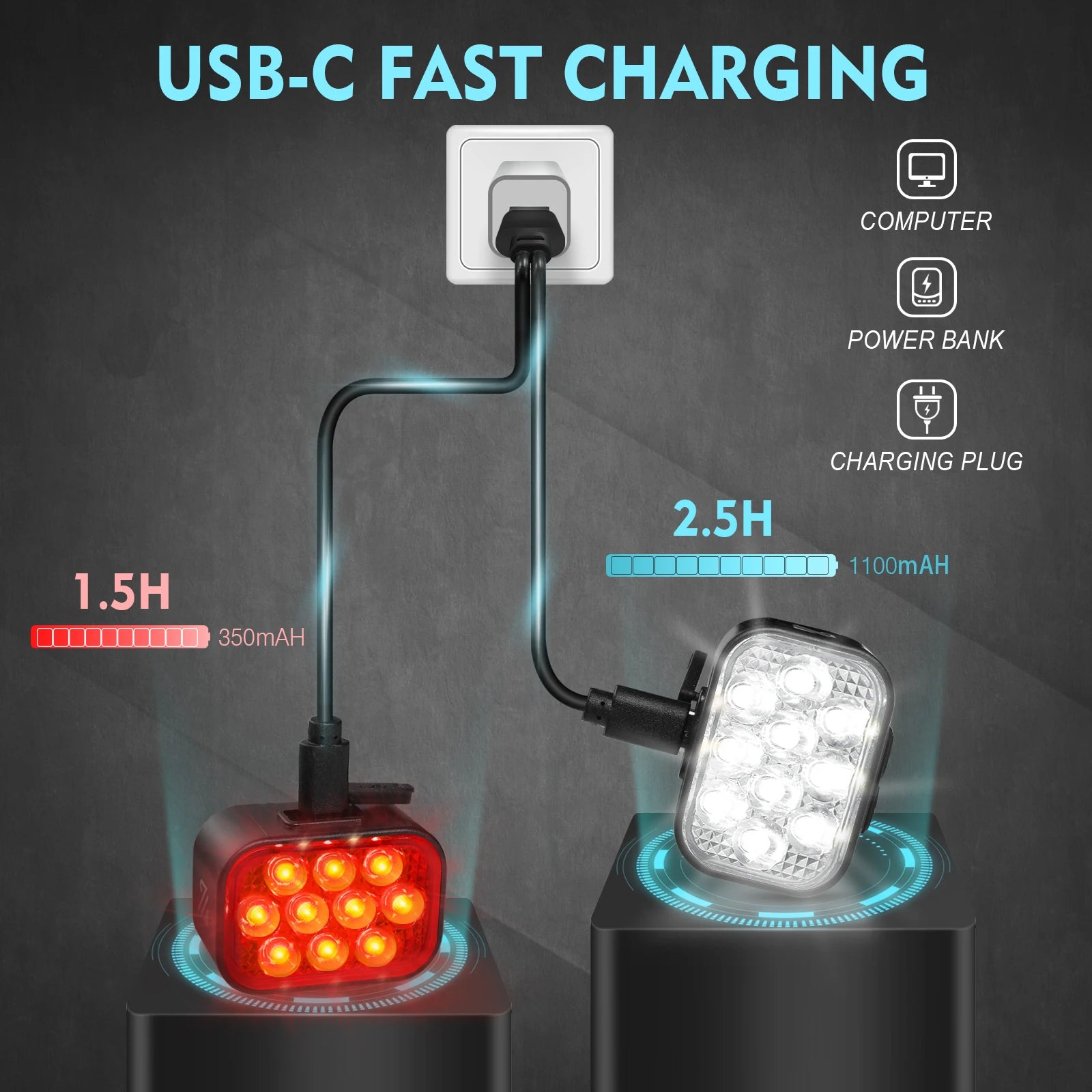 Kit Éclairage Vélo BUCKLOS X10/Q6 — Phare & Féu Arrière LED Waterproof IPX6 USB