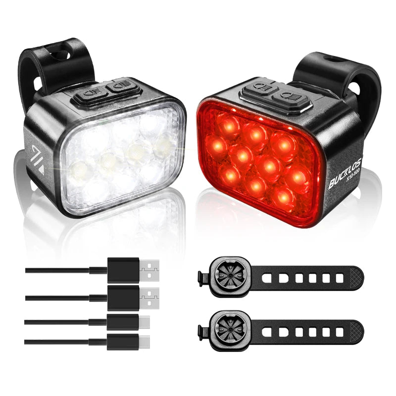 Kit Éclairage Vélo BUCKLOS X10/Q6 — Phare & Féu Arrière LED Waterproof IPX6 USB