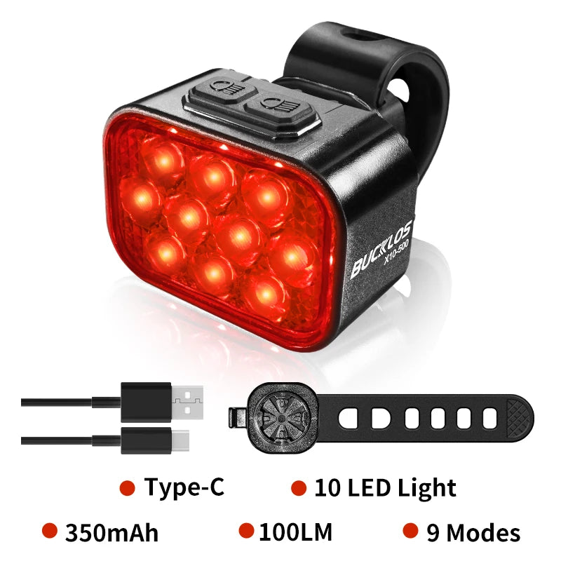 Kit Éclairage Vélo BUCKLOS X10/Q6 — Phare & Féu Arrière LED Waterproof IPX6 USB